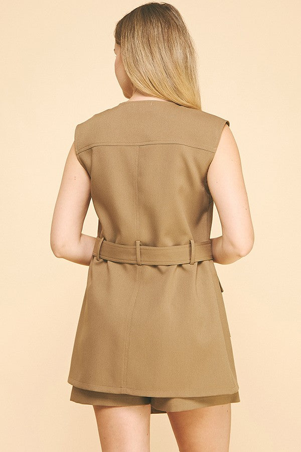 Twill Buckle Belted Pocketed Vest
