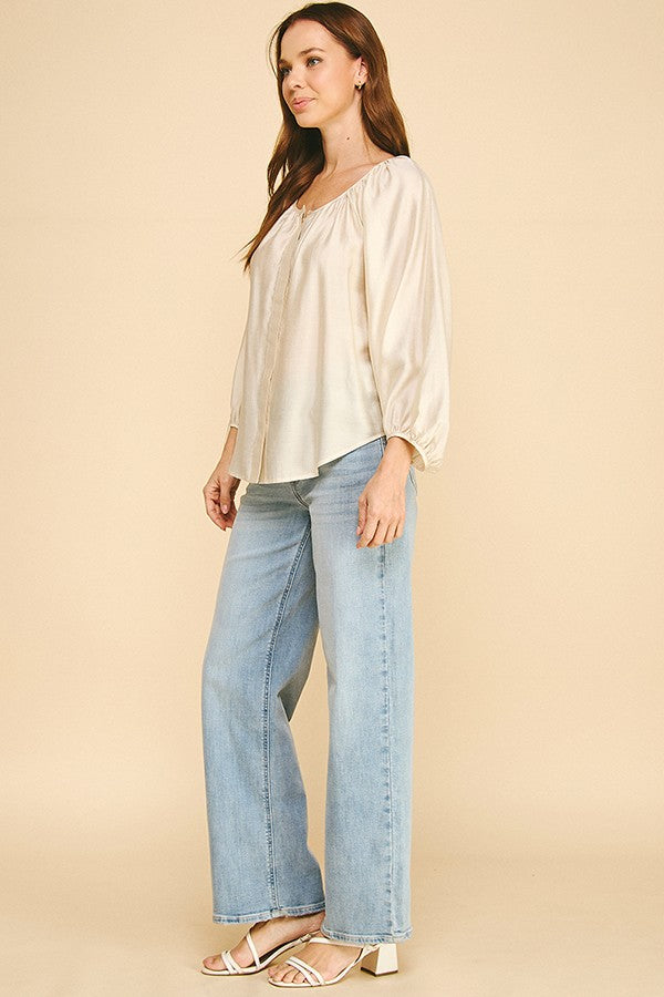 Organza Covered Placket Oversized Poet Blouse