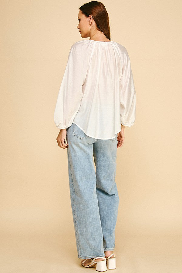 Organza Covered Placket Oversized Poet Blouse