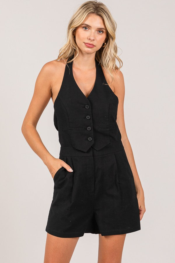 Linen Open Back Vest Torso Romper