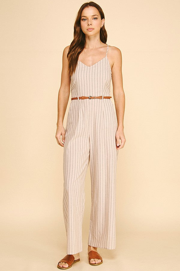 Striped Lawn Braided Belt Cami Jumpsuit
