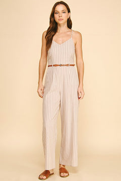 Striped Lawn Braided Belt Cami Jumpsuit