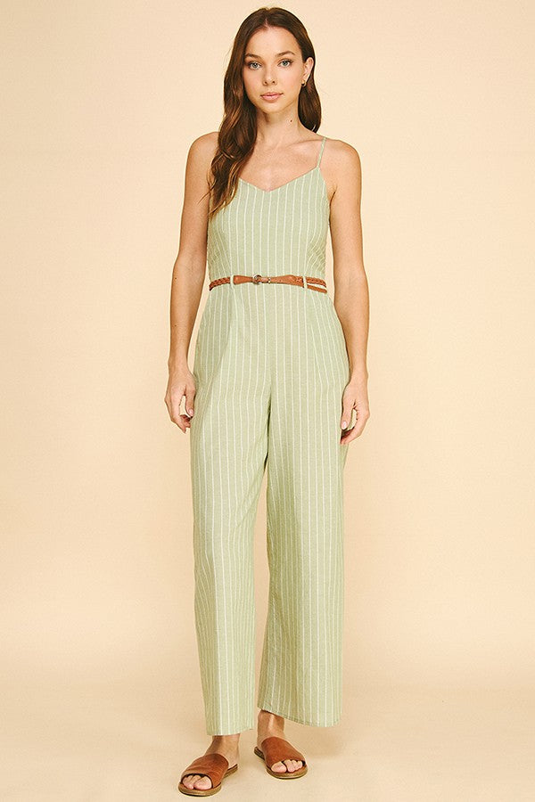Striped Lawn Braided Belt Cami Jumpsuit