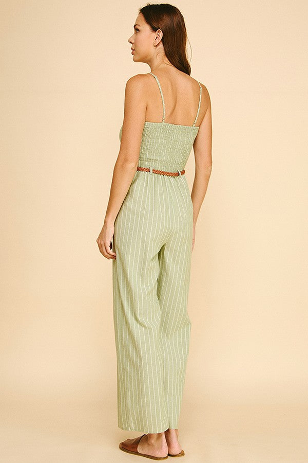 Striped Lawn Braided Belt Cami Jumpsuit