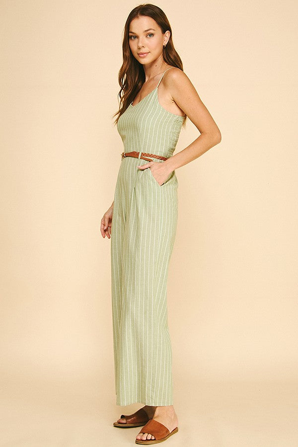 Striped Lawn Braided Belt Cami Jumpsuit