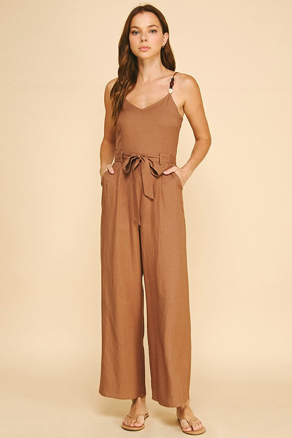 Lawn Front Tie Amber Stone Strap Cami Jumpsuit