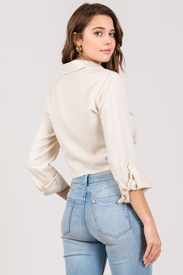 Lawn Linen Tie Front Cropped Shirt