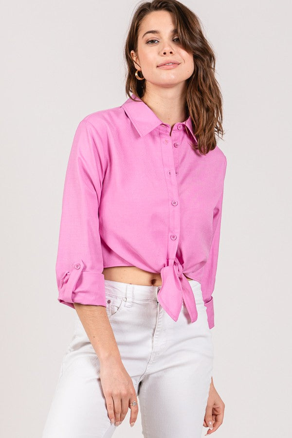 Lawn Linen Tie Front Cropped Shirt