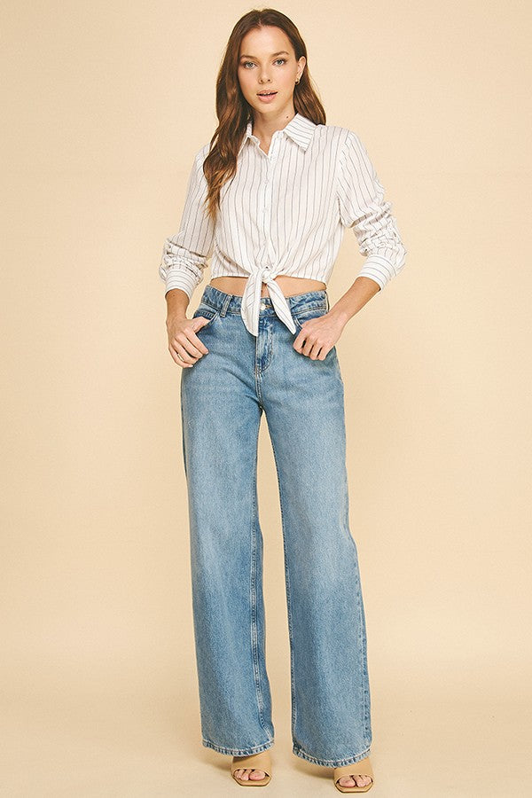 Striped Lawn Linen Tie Front Cropped Shirt