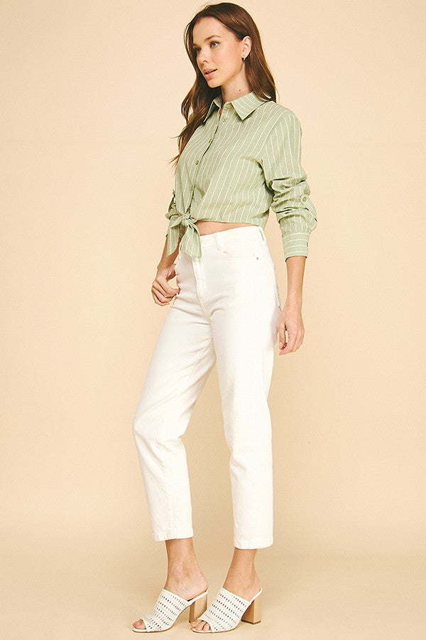 Striped Lawn Linen Tie Front Cropped Shirt