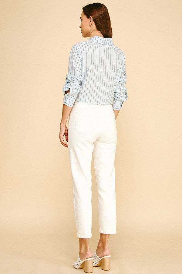 Striped Lawn Linen Tie Front Cropped Shirt