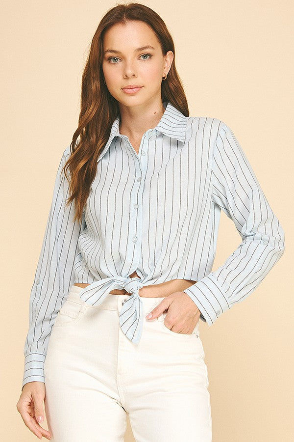Striped Lawn Linen Tie Front Cropped Shirt