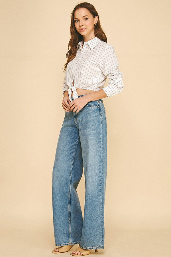 Striped Lawn Linen Tie Front Cropped Shirt
