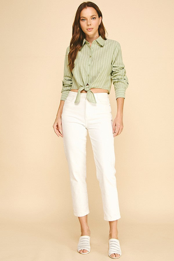 Striped Lawn Linen Tie Front Cropped Shirt