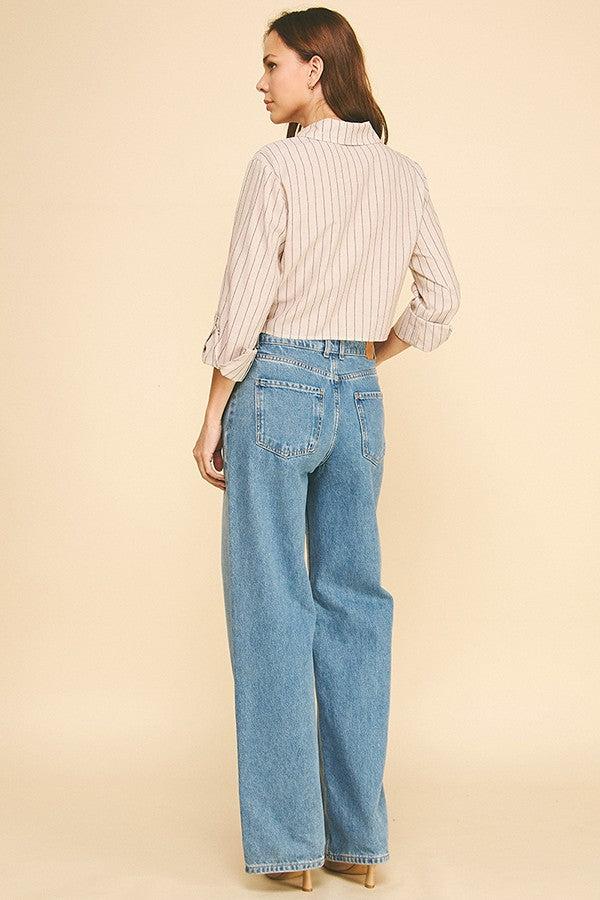 Striped Lawn Linen Tie Front Cropped Shirt