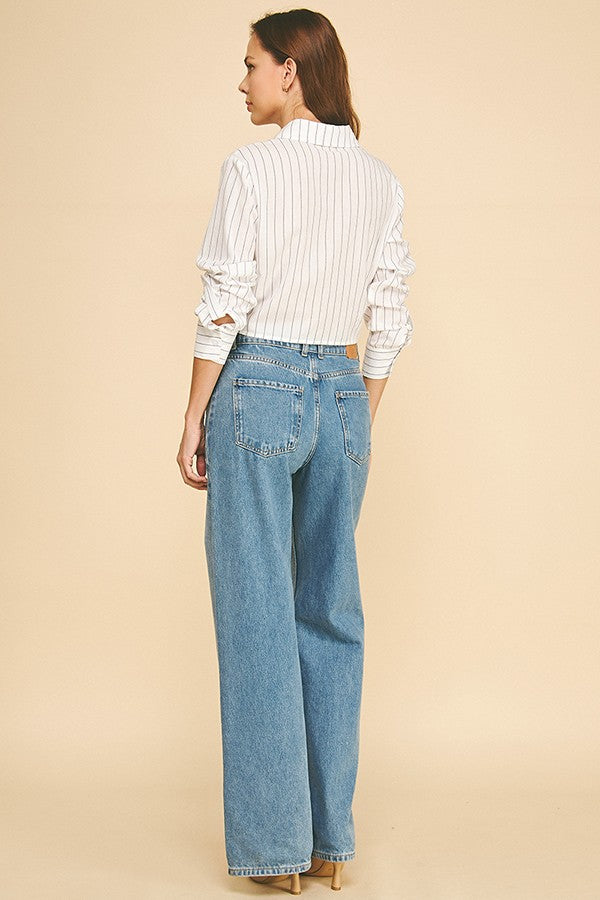 Striped Lawn Linen Tie Front Cropped Shirt