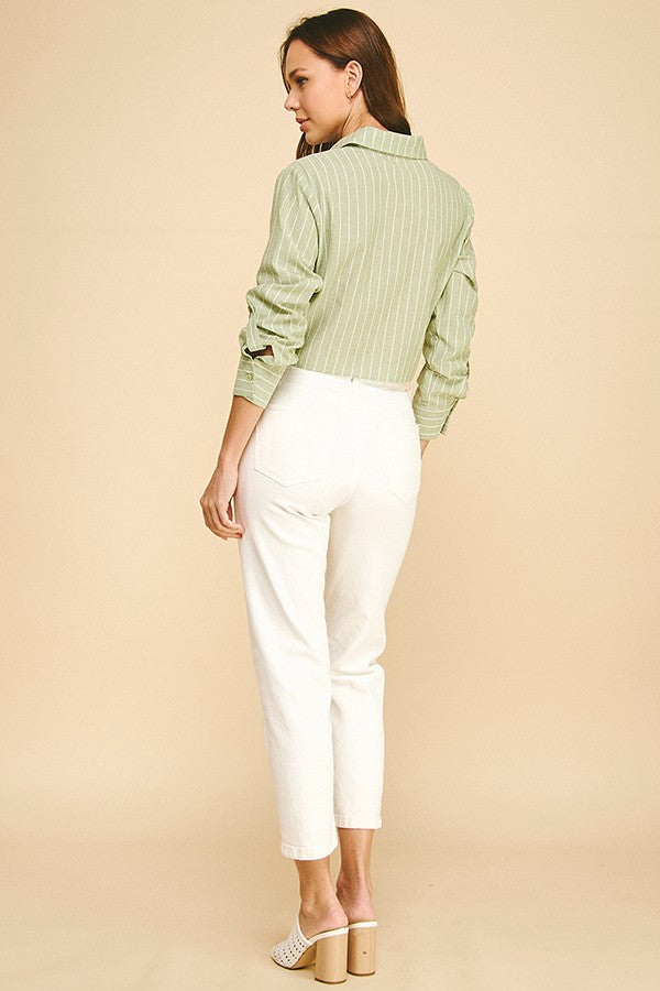 Striped Lawn Linen Tie Front Cropped Shirt