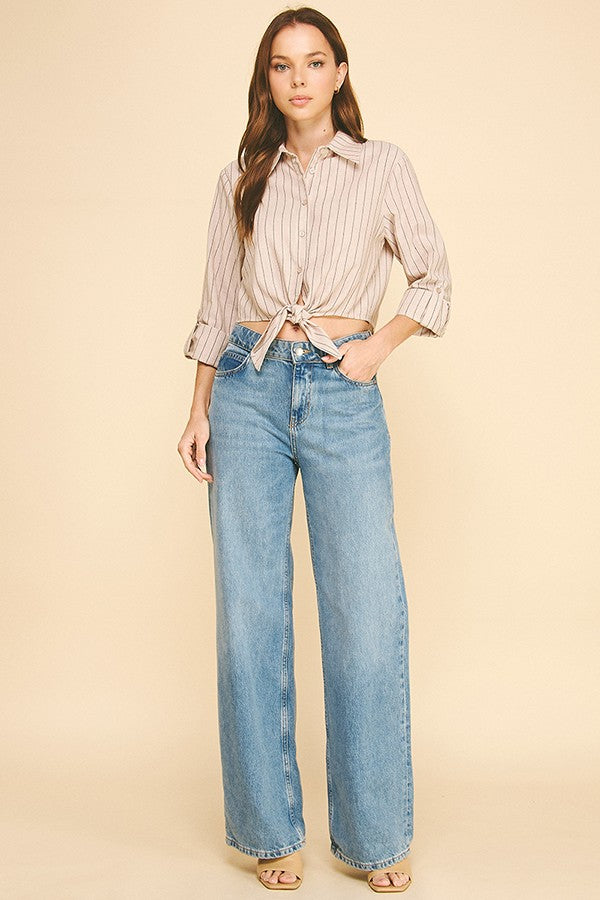 Striped Lawn Linen Tie Front Cropped Shirt