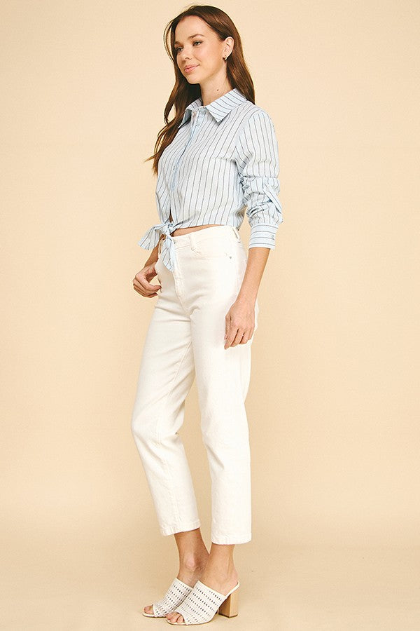 Striped Lawn Linen Tie Front Cropped Shirt