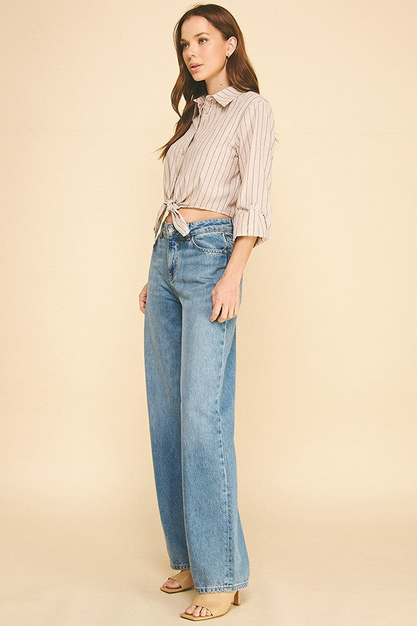 Striped Lawn Linen Tie Front Cropped Shirt