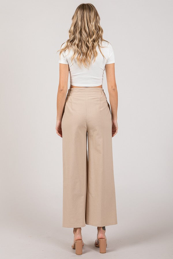 Linen Cropped Elastic Waist Side Wide Leg Pants