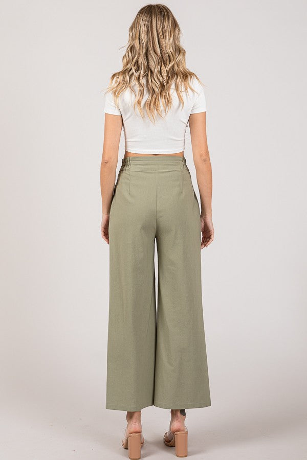 Linen Cropped Elastic Waist Side Wide Leg Pants