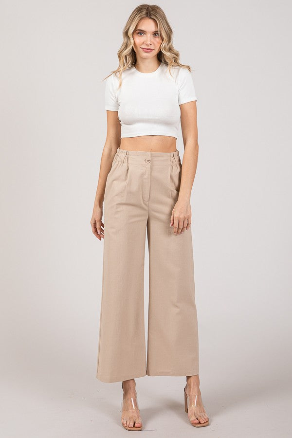 Linen Cropped Elastic Waist Side Wide Leg Pants
