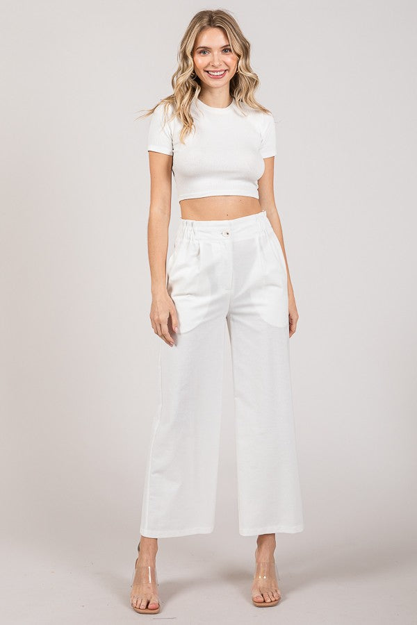 Linen Cropped Elastic Waist Side Wide Leg Pants