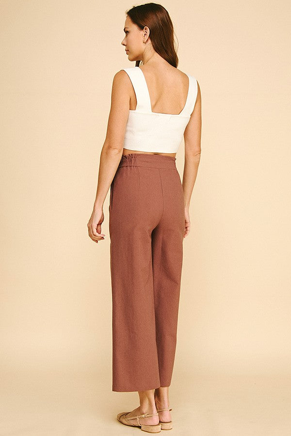 Linen Cropped Elastic Waist Side Wide Leg Pants