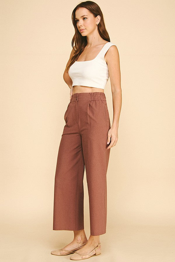 Linen Cropped Elastic Waist Side Wide Leg Pants