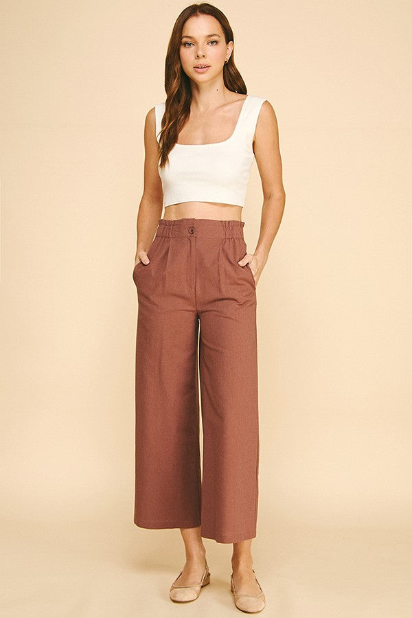 Linen Cropped Elastic Waist Side Wide Leg Pants
