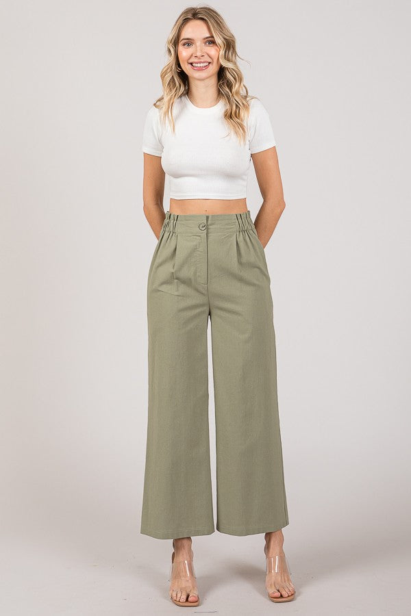 Linen Cropped Elastic Waist Side Wide Leg Pants