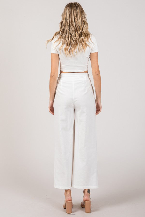 Linen Cropped Elastic Waist Side Wide Leg Pants