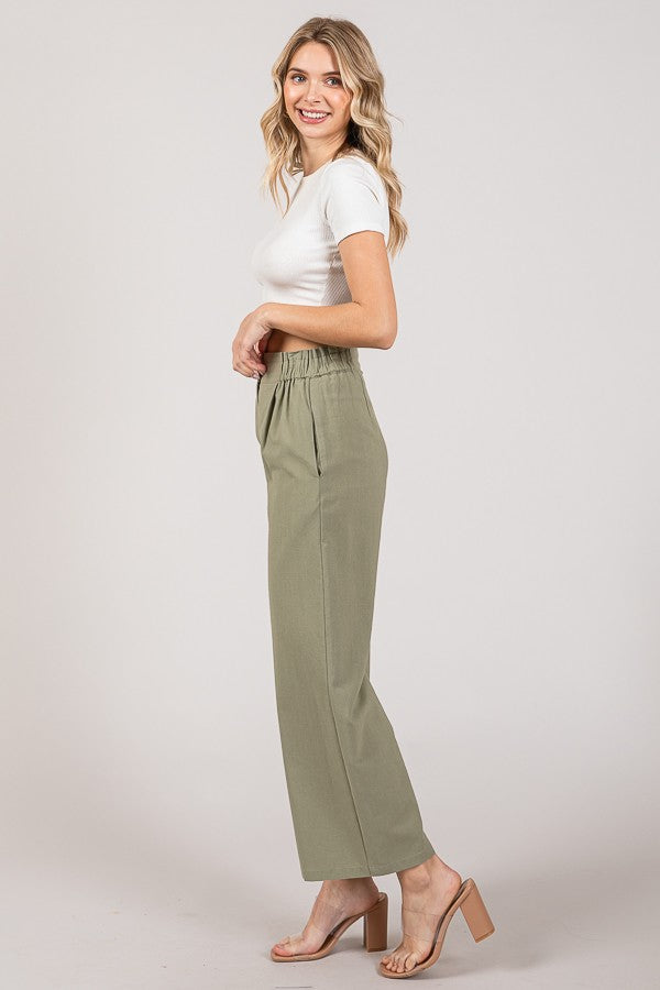 Linen Cropped Elastic Waist Side Wide Leg Pants