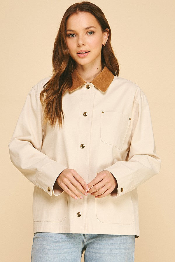 Canvas Oversized Contrast Corduroy Collar Shacket