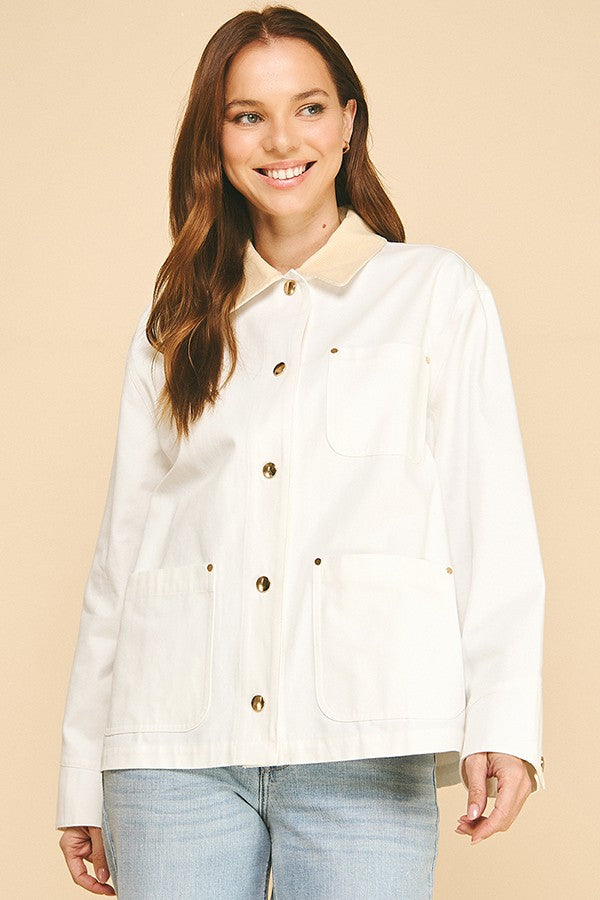 Canvas Oversized Contrast Corduroy Collar Shacket