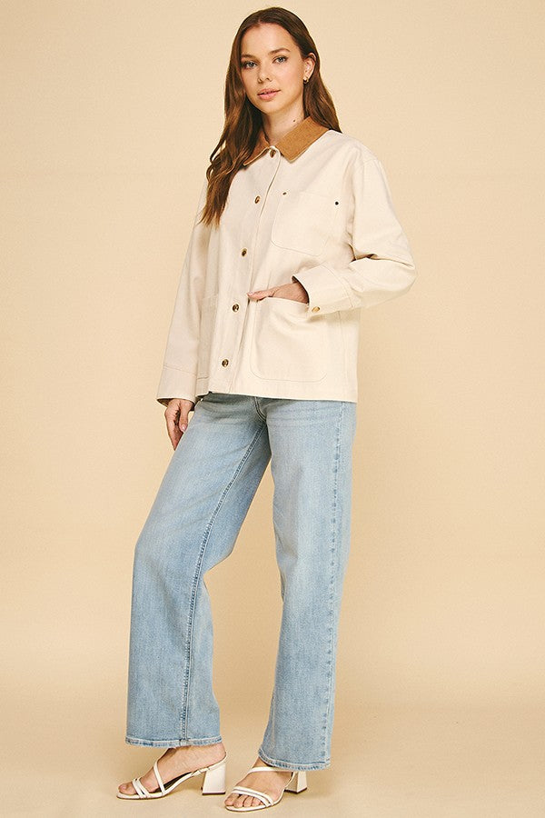 Canvas Oversized Contrast Corduroy Collar Shacket