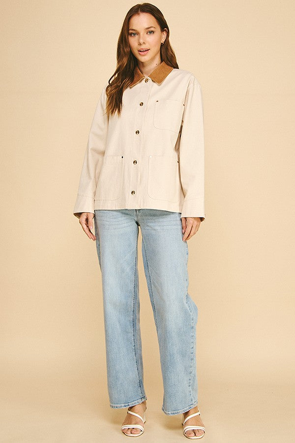 Canvas Oversized Contrast Corduroy Collar Shacket