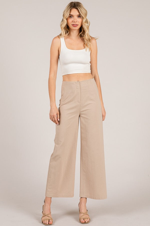 Linen Darted Waist Cropped Wide Leg Trousers