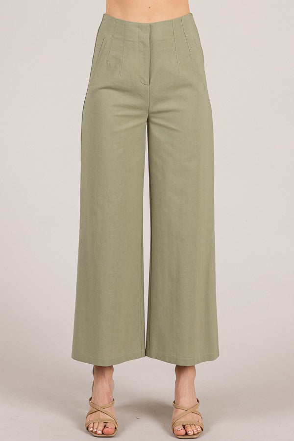 Linen Darted Waist Cropped Wide Leg Trousers