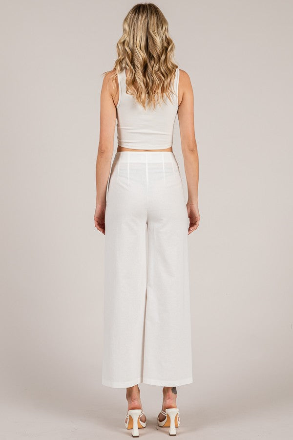 Linen Darted Waist Cropped Wide Leg Trousers
