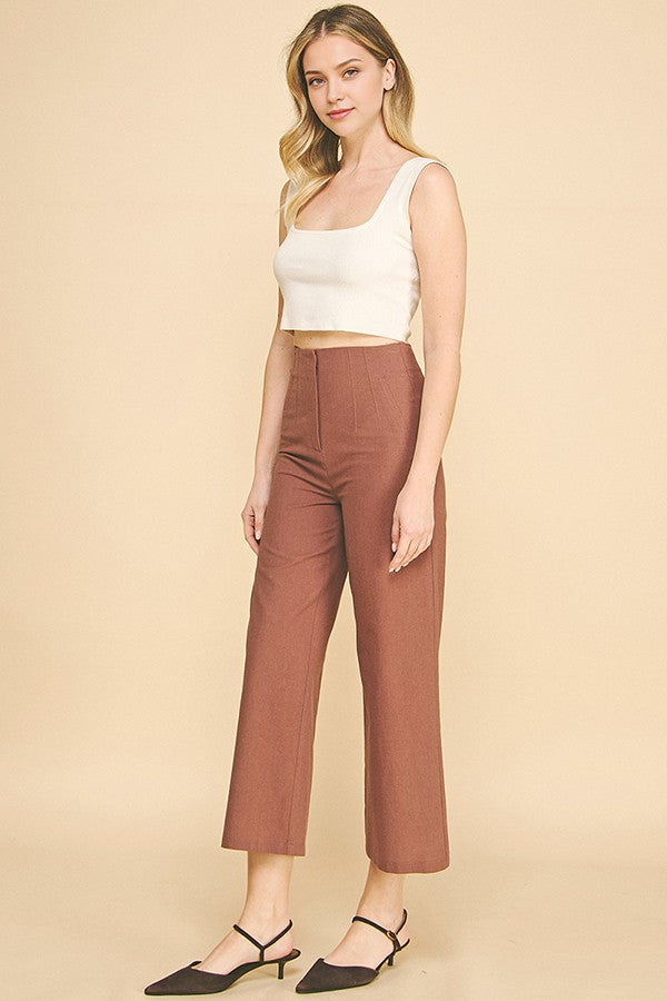 Linen Darted Waist Cropped Wide Leg Trousers