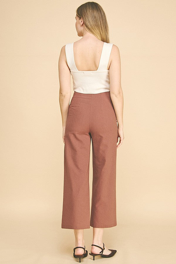 Linen Darted Waist Cropped Wide Leg Trousers
