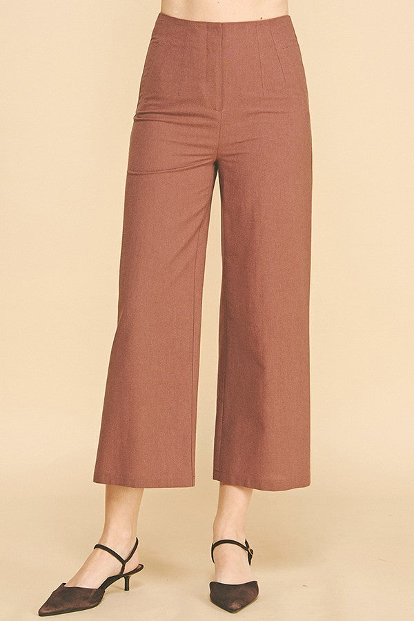 Linen Darted Waist Cropped Wide Leg Trousers