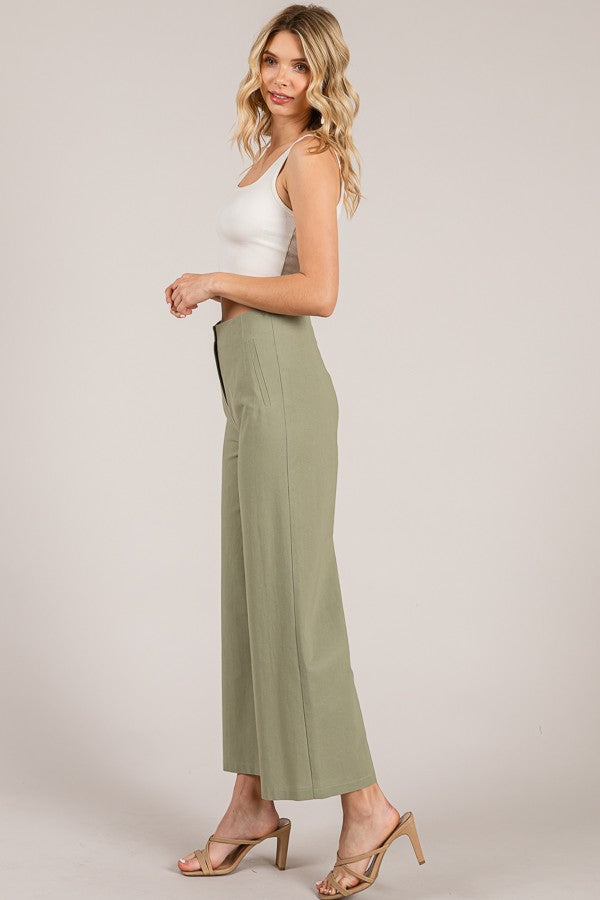 Linen Darted Waist Cropped Wide Leg Trousers