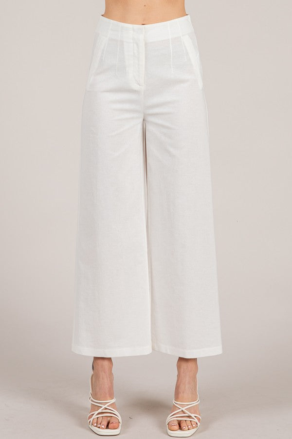 Linen Darted Waist Cropped Wide Leg Trousers