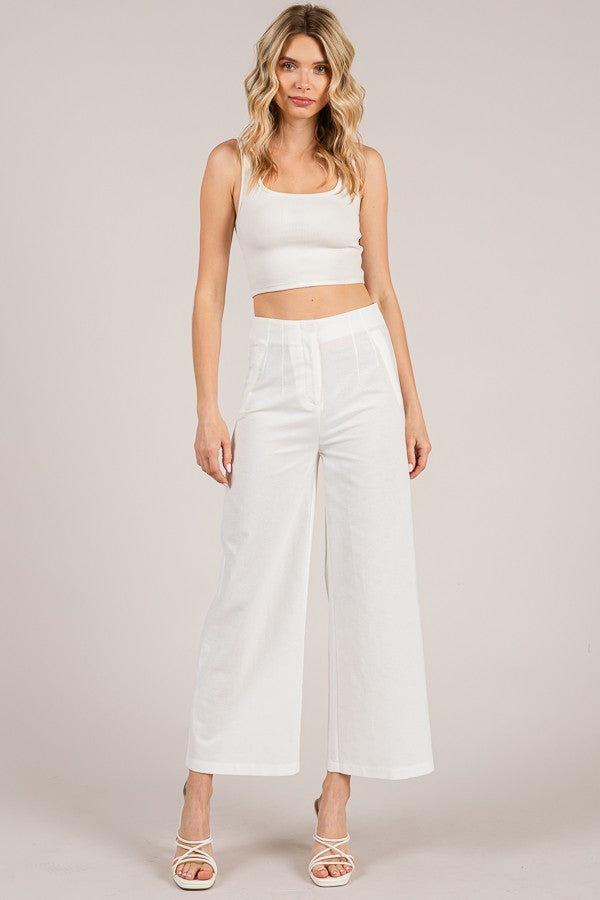 Linen Darted Waist Cropped Wide Leg Trousers