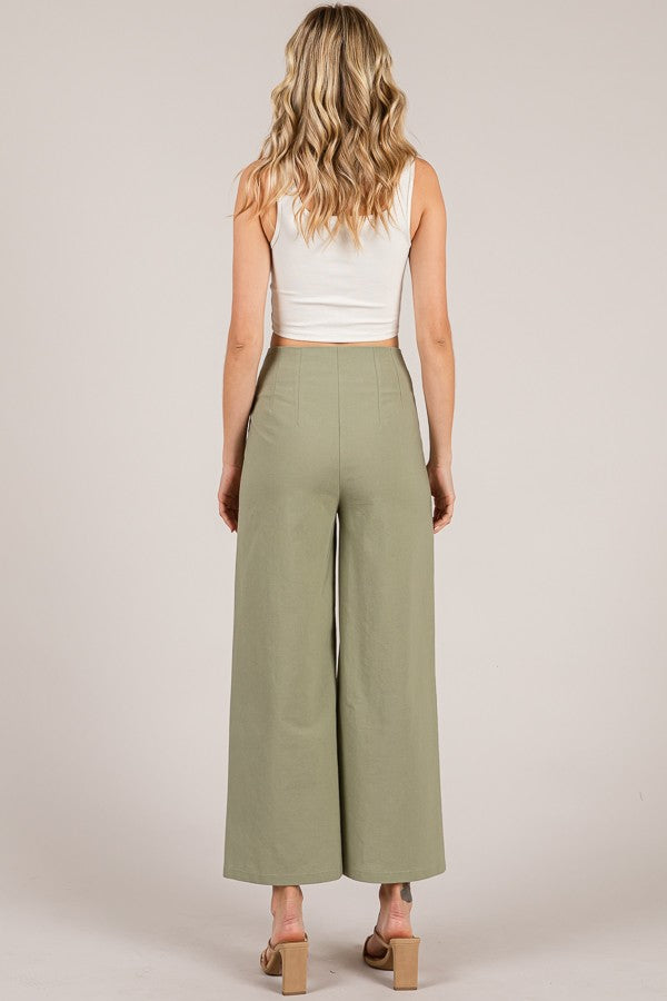 Linen Darted Waist Cropped Wide Leg Trousers
