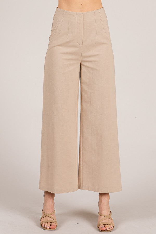 Linen Darted Waist Cropped Wide Leg Trousers