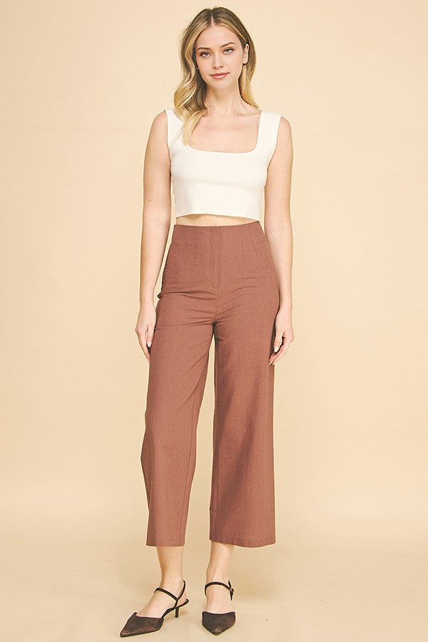 Linen Darted Waist Cropped Wide Leg Trousers